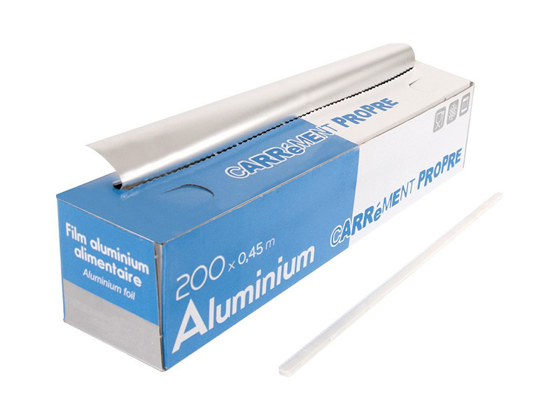 PAPIER ALUMINIUM PROFESSIONNEL AVEC BOITE DISTRIBUTRICE 0,45x200M - Scie de découpe - PUBLIE EMBAL