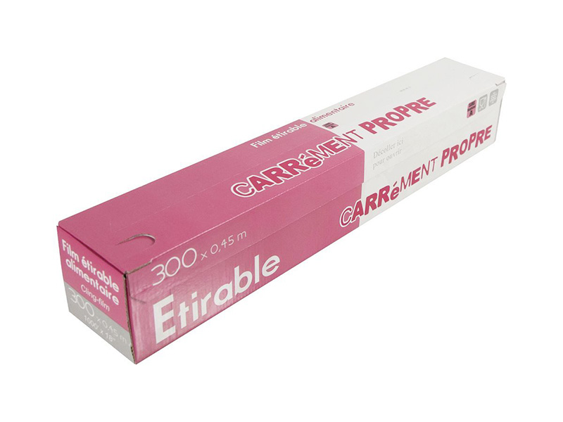 FILM ETIRABLE PROFESSIONNEL AVEC BOITE DISTRIBUTRICE 0,45x300M - Scie de découpe - PUBLI EMBAL