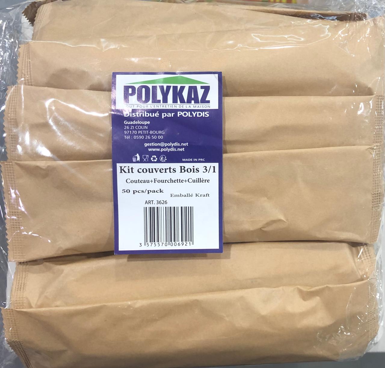 LOT COUVERTS Bois - Couteau, Fourchette, Cuillère x50 - POLYKAZ