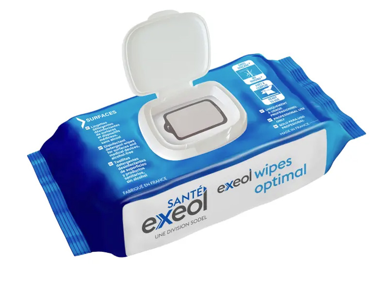 EXEOL WIPES OPTIMAL - Lingettes détergentes désinfectantes de surfaces et dispositifs médicaux sans alcool x100 - SODEL