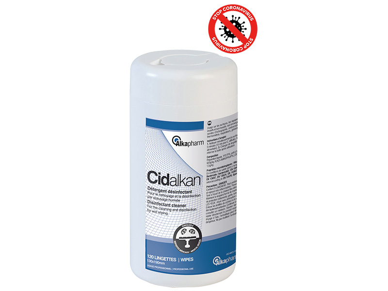 CIDALKAN - Lingettes détergentes désinfectantes de surfaces et dispositifs médicaux x120 - SODEL