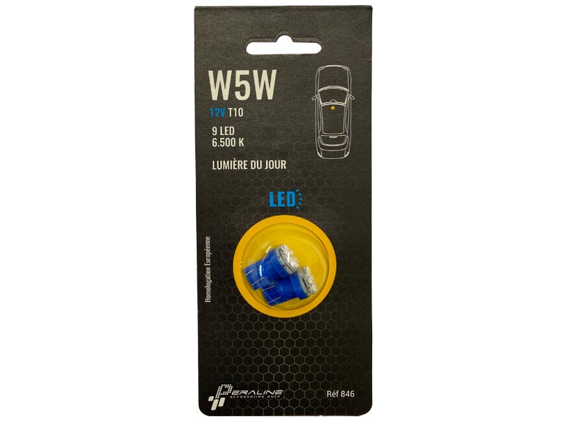 Ampoule W5W T10 LED 12V 9 LED 6500K - Lumière bleu (X2)